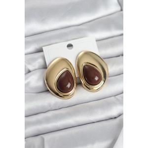 Pirinç Gold Renk Kahverengi Taşlı Damla Model Vintage Kadın Küpe
