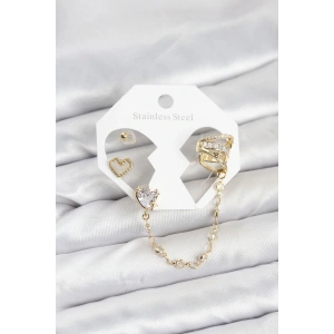 Pirinç Gold Renk Kalp Model Zincir Bağlantılı Ear Cuff Küpe Seti