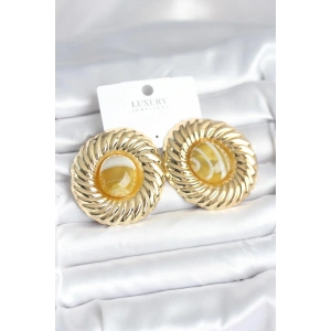 Pirinç Gold Renk Kehribar Boncuklu Vintage Kadın Küpe