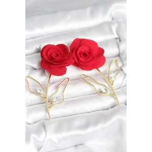 Pirinç Gold Renk Kırmızı Gül Model Kadın Küpe