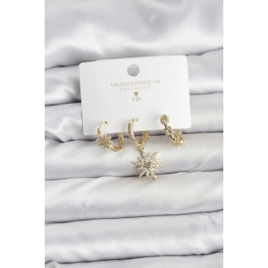 Pirinç Gold Renk Kutup Yıldızı Model 3lü Kadın Küpe Seti