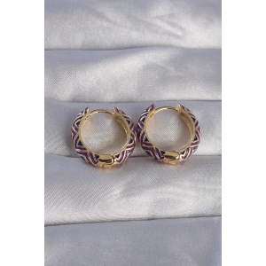 Pirinç Gold Renk Mor Etnik Desenli Halka Küpe