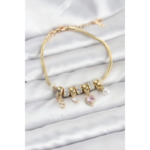 Pirinç Gold Renk Pembe Kalp Charmlı Kadın Bileklik