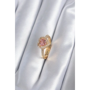 Pirinç Gold Renk Pembe Zirkon Taş Kalp Charm Model Kadın Yüzük