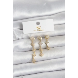 Pirinç Gold Renk Sıralı Kutup Yıldızı Model 3lü Kadın Küpe