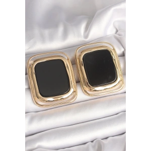 Pirinç Gold Renk Siyah Mineli Kare Model Kadın Küpe