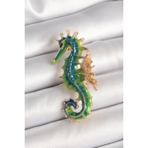 Pirinç Gold Renk Yeşil Deniz Atı Model Zirkon Taş Detay Kadın Broş