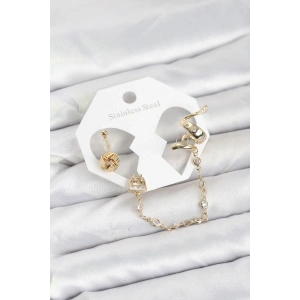 Pirinç Gold Renk Yılan Model Zincir Bağlantılı Ear Cuff Küpe Seti