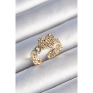 Pirinç Gold Renk Zincir Kordon Zirkon Taşlı Kalp Model Kadın Yüzük