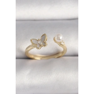 Pirinç Gold Renk Zirkon Taş Detaylı Beyaz Mineli Kelebek Model İnci Detay Ayarlanabilir Yüzük