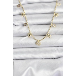 Pirinç Gold Renk Zirkon Taşlı Deniz Kabuğu Model Kadın Kolye