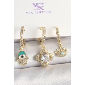 Pirinç Gold Renk Zirkon Taşlı Fatma Ana El Yonca Figür Göz Detay 3Lü Kadın Kombin Küpe