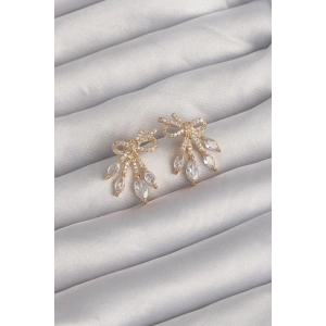 Pirinç Gold Renk Zirkon Taşlı Fiyonk Küpe