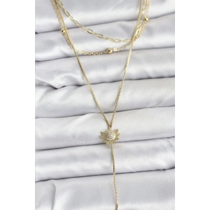 Pirinç Gold Renk Zirkon Taşlı Güneş Model Detaylı 3lü Kombin Y Kadın Kolye