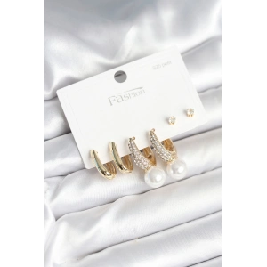 Pirinç Gold Renk Zirkon Taşlı İnci Detaylı 925 Ayar Gümüş Çivili Kadın Küpe Seti