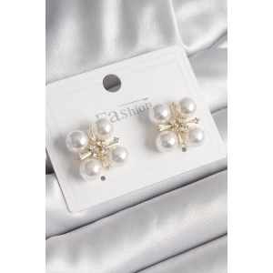 Pirinç Gold Renk Zirkon Taşlı İncili Kadın Küpe