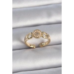 Pirinç Gold Renk Zirkon Taşlı İncili Kalp İşleme Detay Ayarlanabilir Kadın Yüzük