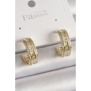 Pirinç Gold Renk Zirkon Taşlı İşleme Detay Halka Model Kadın Küpe
