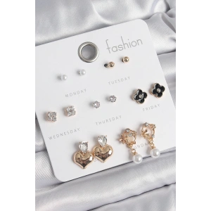 Pirinç Gold Renk Zirkon Taşlı Kalp Figür Siyah Yonca Detay 7 Çift Kadın Küpe Seti