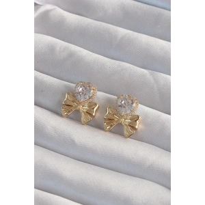 Pirinç Gold Renk Zirkon Taşlı Kalp Model Fiyonk Küpe
