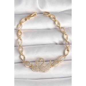 Pirinç Gold Renk Zirkon Taşlı Kuğu Figür Damla Zincir Model Kadın Bileklik
