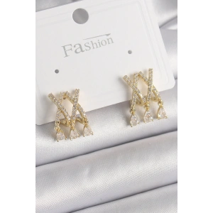 Pirinç Gold Renk Zirkon Taşlı X Model Sallantı Detay Kadın Küpe