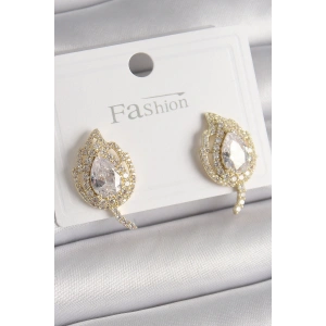 Pirinç Gold Renk Zirkon Taşlı Yaprak Model Kadın Küpe