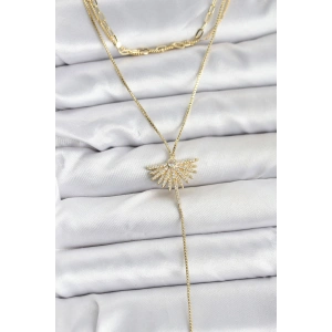 Pirinç Gold Renk Zirkon Taşlı Yelpaze Model Detaylı 3lü Kombin Y Kadın Kolye