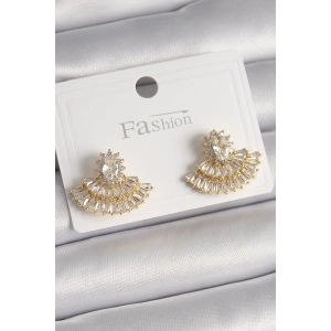 Pirinç Gold Renk Zirkon Taşlı Yelpaze Model Kadın Küpe