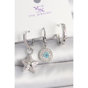 Pirinç Gold Renk Zirkon Taşlı Yıldız Model Nazar Boncuk Detay 3Lü Kadın Kombin Küpe