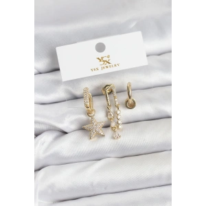 Pirinç Gold Renk Zirkon Taşlı Yıldız Vintage Model YSX Trio Küpe Seti