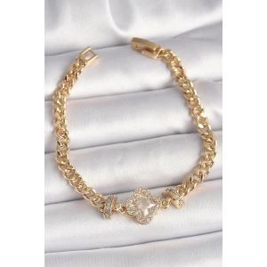 Pirinç Gold Renk Zirkon Taşlı Yonca Figür Zincir Model Kadın Bileklik