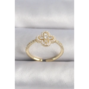 Pirinç Gold Renk Zirkon Taşlı Yonca Model İnci Detay Kadın Yüzük