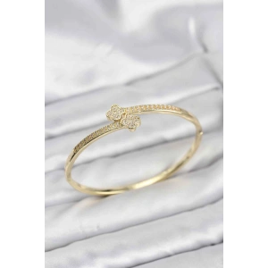 Pirinç Gold Renk Zirkon Taşlı Yonca Model Kadın Kelepçe Bileklik