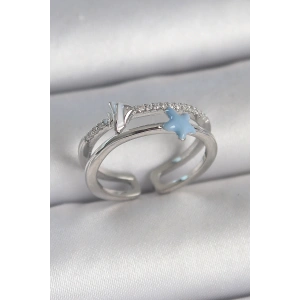 Pirinç Gümüş Renk 2Li Zirkon Taşlı Mavi Yıldız Figür Ayarlanabilir Kadın Yüzük