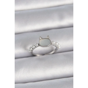 Pirinç Gümüş Renk Ayarlanabilir Beyaz Mineli Kedi Model İnci Detay Kadın Yüzük