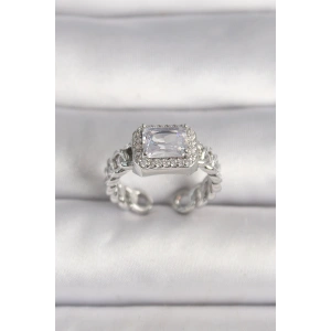 Pirinç Gümüş Renk Ayarlanabilir Zincir Kare Zirkon Taşlı Kadın Yüzük