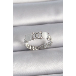 Pirinç Gümüş Renk Ayarlanabilir Zirkon Taşlı Beyaz Mineli Birleşik Halka Model Kadın Yüzük