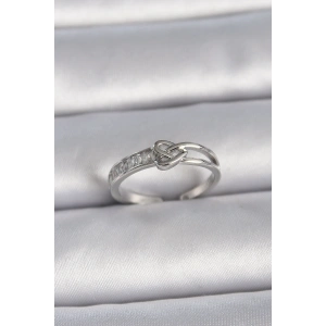 Pirinç Gümüş Renk Ayarlanabilir Zirkon Taşlı Düğüm Kalp Model Kadın Yüzük