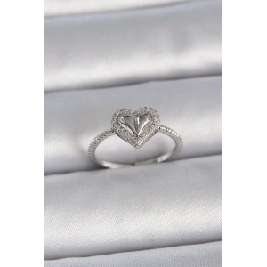 Pirinç Gümüş Renk Ayarlanabilir Zirkon Taşlı Kalp Model Kadın Yüzük