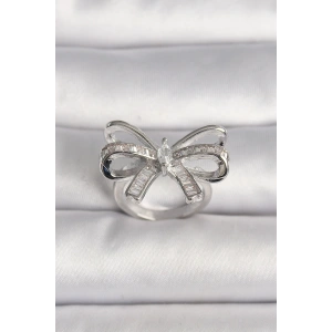 Pirinç Gümüş Renk Ayarlanabilir Zirkon Taşlı Kurdele Model Kadın Yüzük