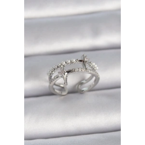 Pirinç Gümüş Renk Ayarlanabilir Zirkon Taşlı Kutup Yıldız İnci Detay Kadın Yüzük