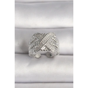 Pirinç Gümüş Renk Ayarlanabilir Zirkon Taşlı X Model Kadın Yüzük