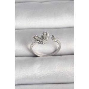 Pirinç Gümüş Renk Beyaz Mineli İnci Detaylı Kalp Model Ayarlanabilir Yüzük