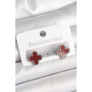 Pirinç Gümüş Renk Bordo Yonca Model Kadın Küpe