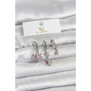 Pirinç Gümüş Renk Çiçek Model 3lü Kadın Küpe