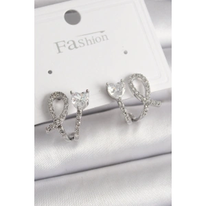 Pirinç Gümüş Renk Düğüm Model Zirkon Taşlı Kalp Detay Kadın Küpe