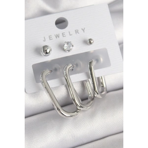 Pirinç Gümüş Renk Halka Model Zirkon Taşlı Topçuk Detay Kadın Küpe Seti