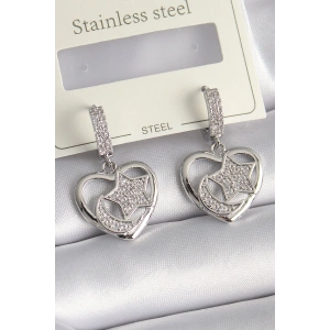 Pirinç Gümüş Renk Kalp Model Zirkon Taşlı Ay Yıldız İşlemeli Kadın Küpe