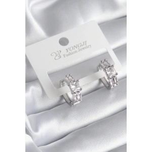 Pirinç Gümüş Renk Kare Zirkon Taşlı Kadın Küpe